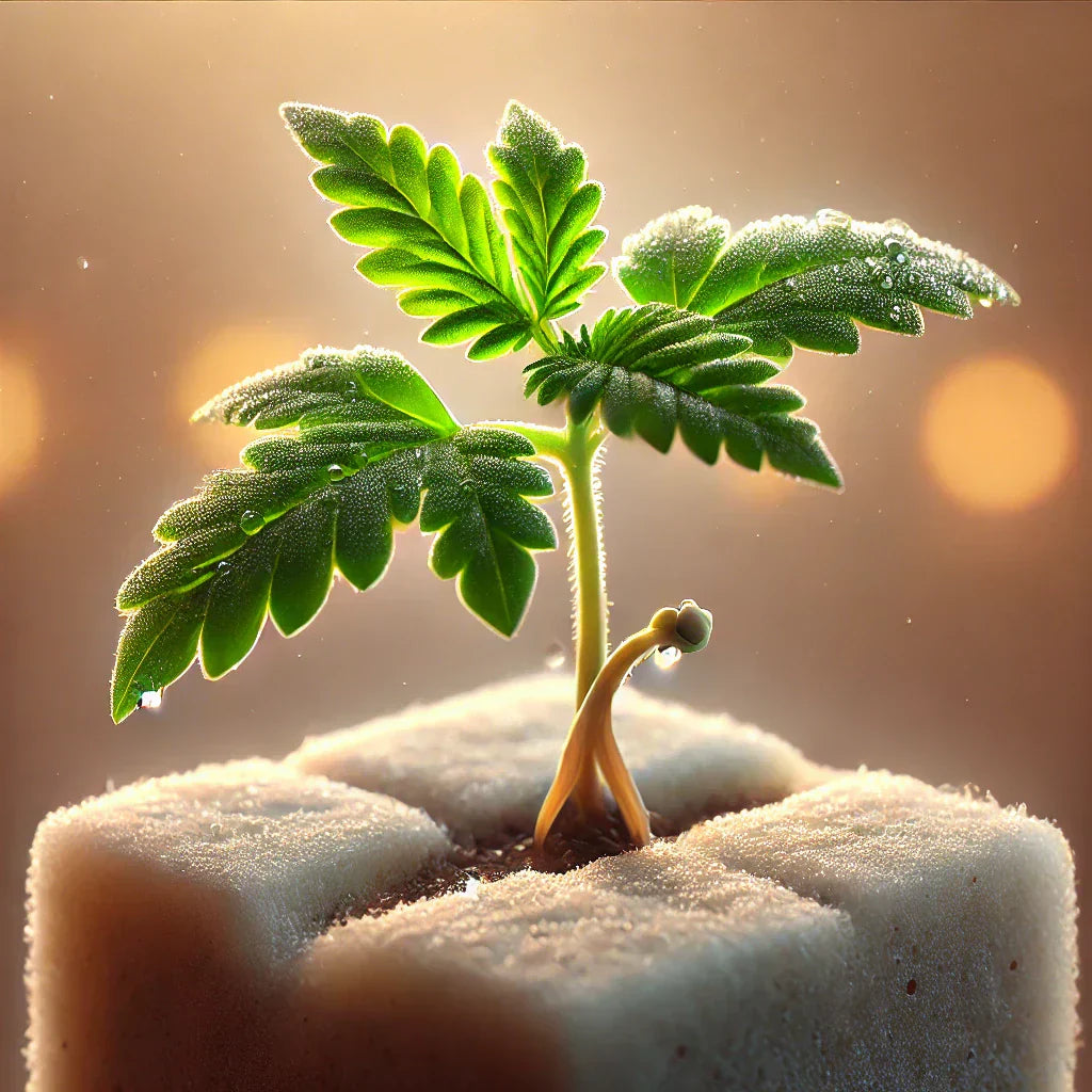 Junger Cannabis-Steckling in Steinwolle mit zarten Blättern und feuchten Wassertropfen in einer Indoor-Grow-Umgebung.