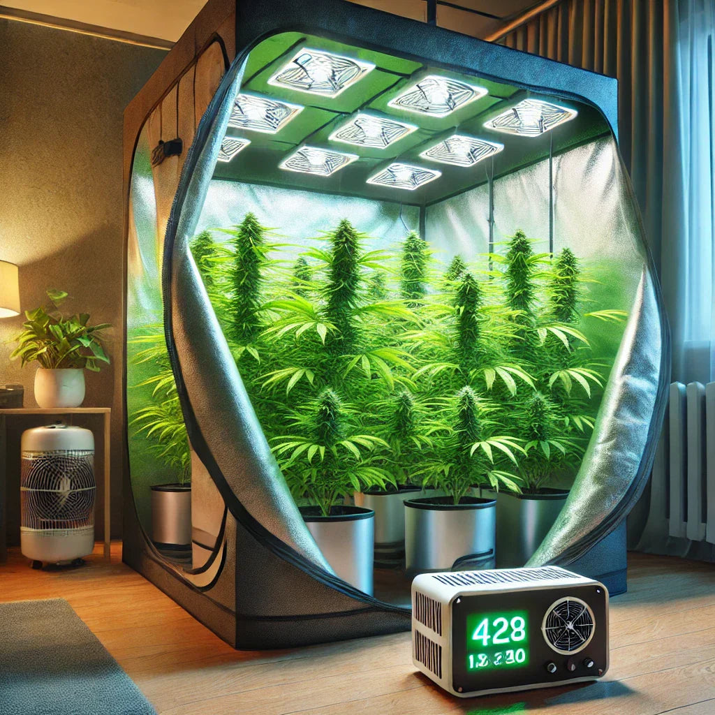 Indoor-Growzelt in häuslicher Umgebung, leicht geöffnet, mit LED-Beleuchtung und gesunden Cannabis-Pflanzen. Enthält ein Abluftsystem, Kohlefilter und Temperaturkontrolle für effiziente Luftzirkulation.
