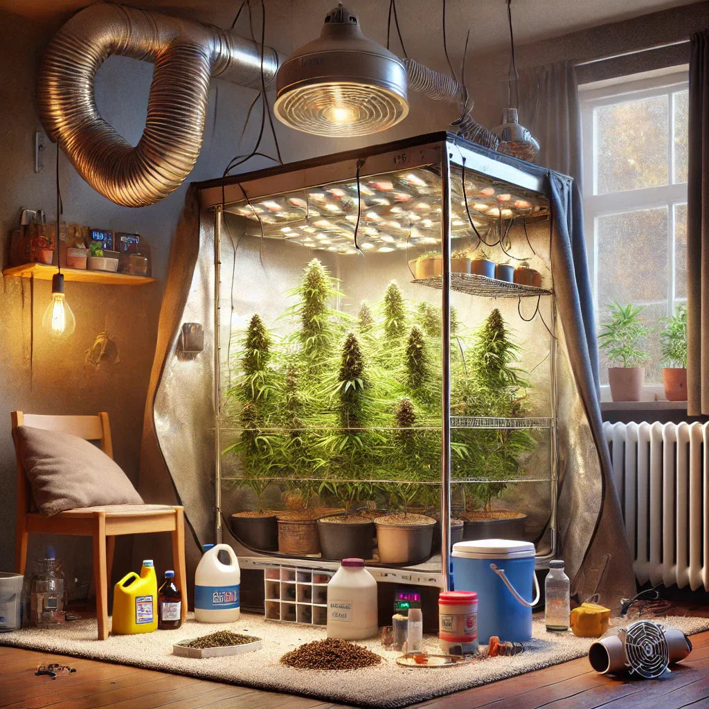Kleines Indoor-Growzelt in gemütlicher Umgebung, leicht chaotisch angeordnet mit ungleich hängenden LED-Lampen, verwickelten Belüftungsschläuchen und verstreuten Gartengeräten, betont die Wichtigkeit einer ordentlichen Zucht.